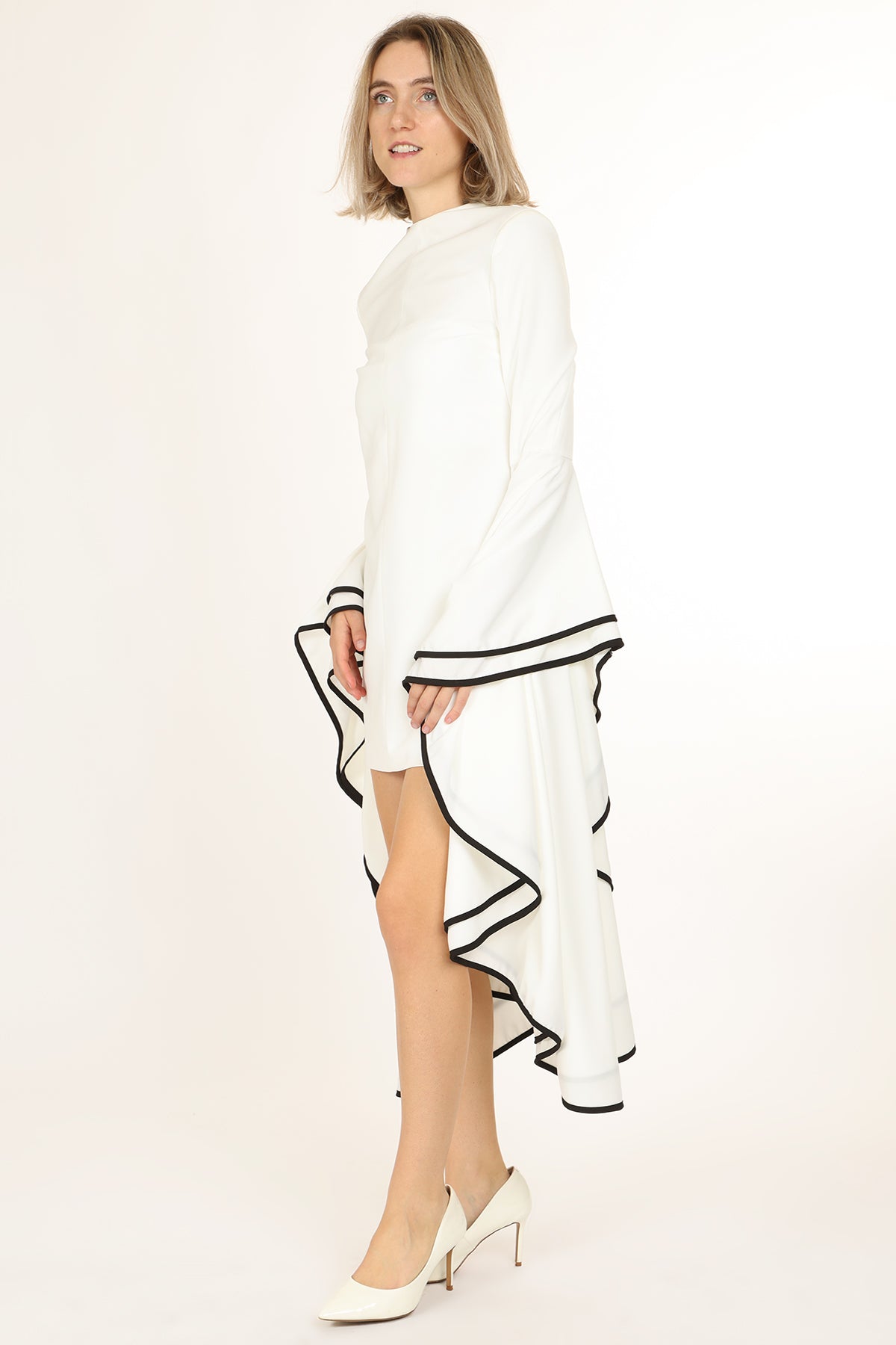 Laura Contrast Trim Ruffled Pleats Flare Sleeve Shift Mini Dress