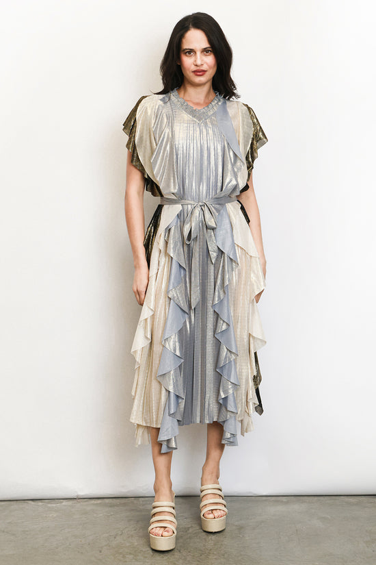 Lucas Multicolor Glossy Ruffled Detail Pleats Midi Dress