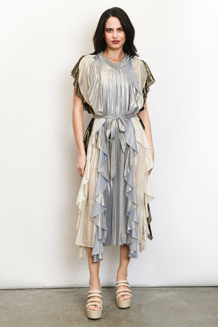 Lucas Multicolor Glossy Ruffled Detail Pleats Midi Dress