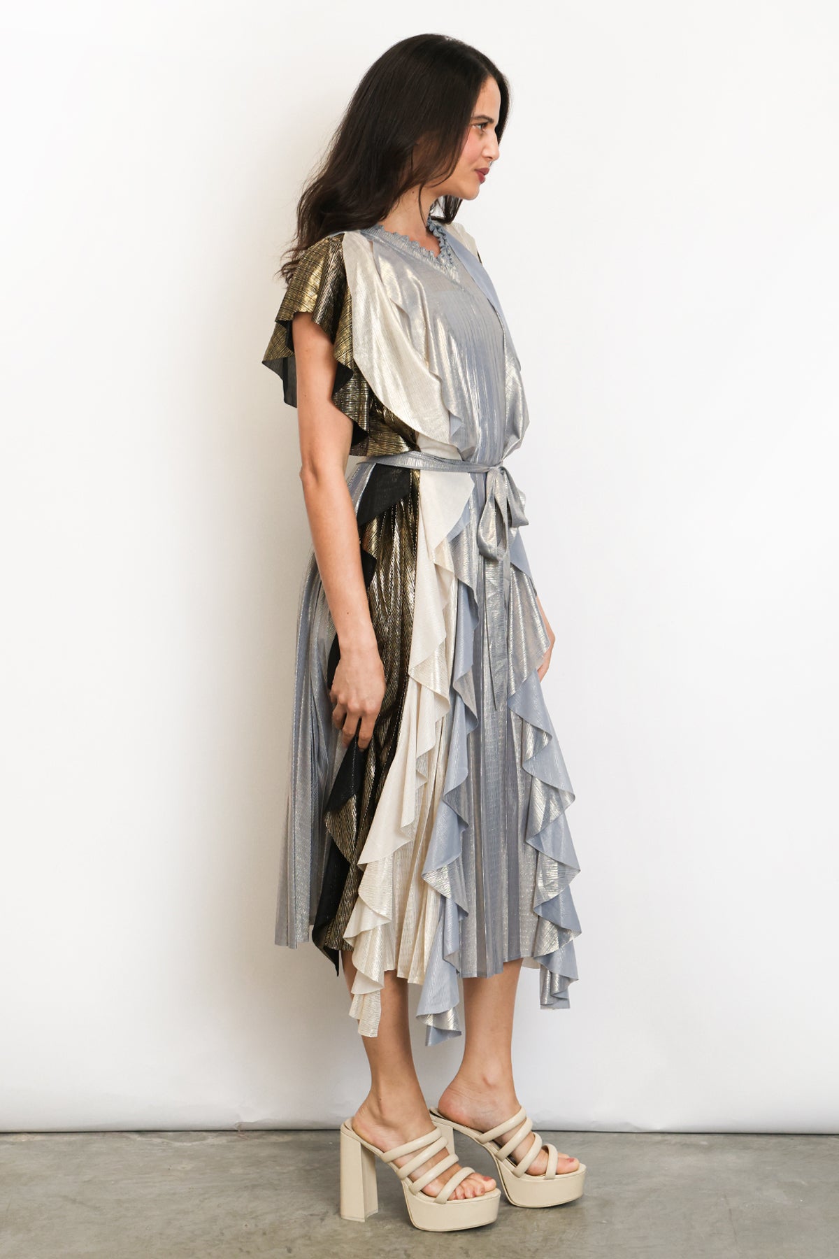 Lucas Multicolor Glossy Ruffled Detail Pleats Midi Dress