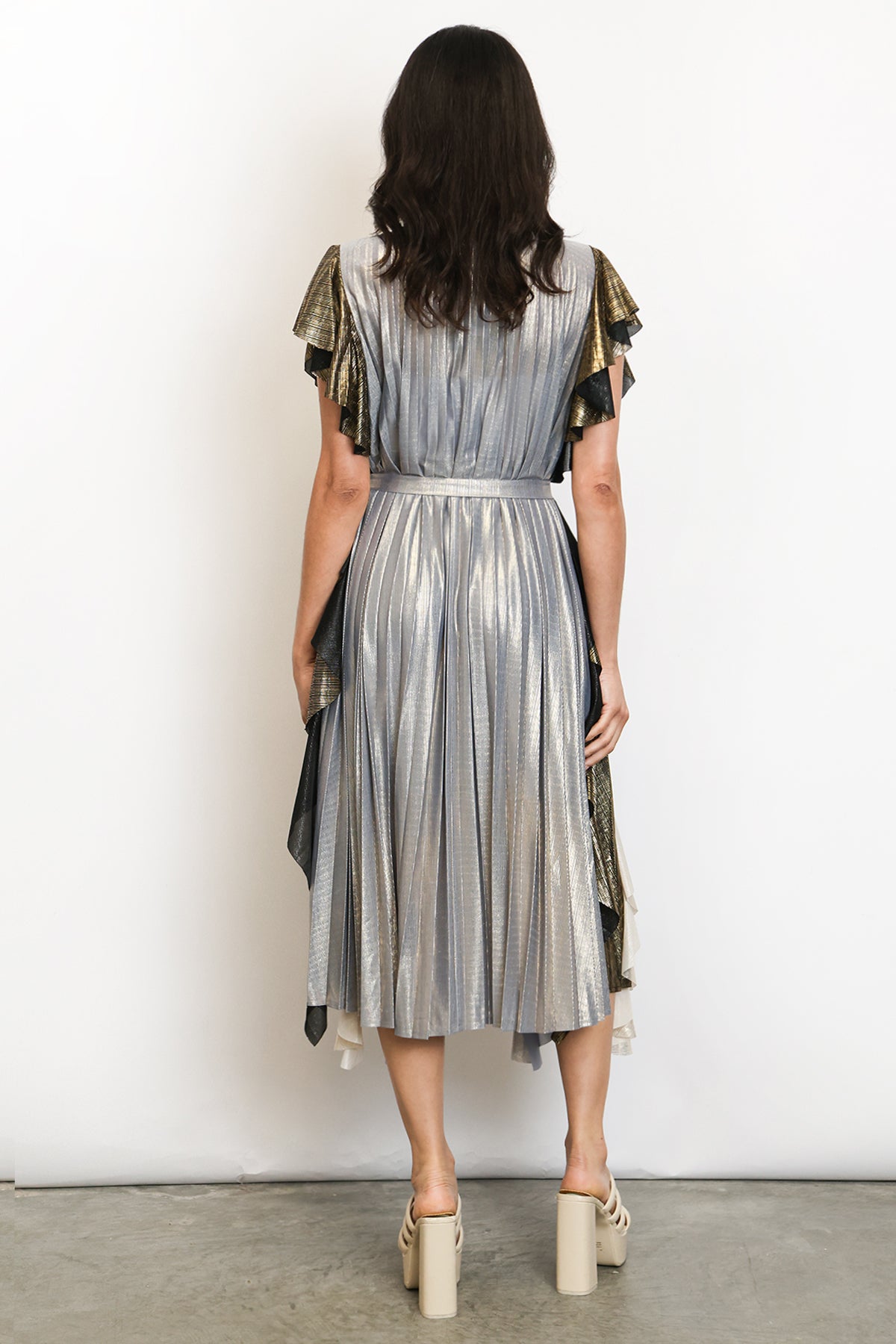 Lucas Multicolor Glossy Ruffled Detail Pleats Midi Dress