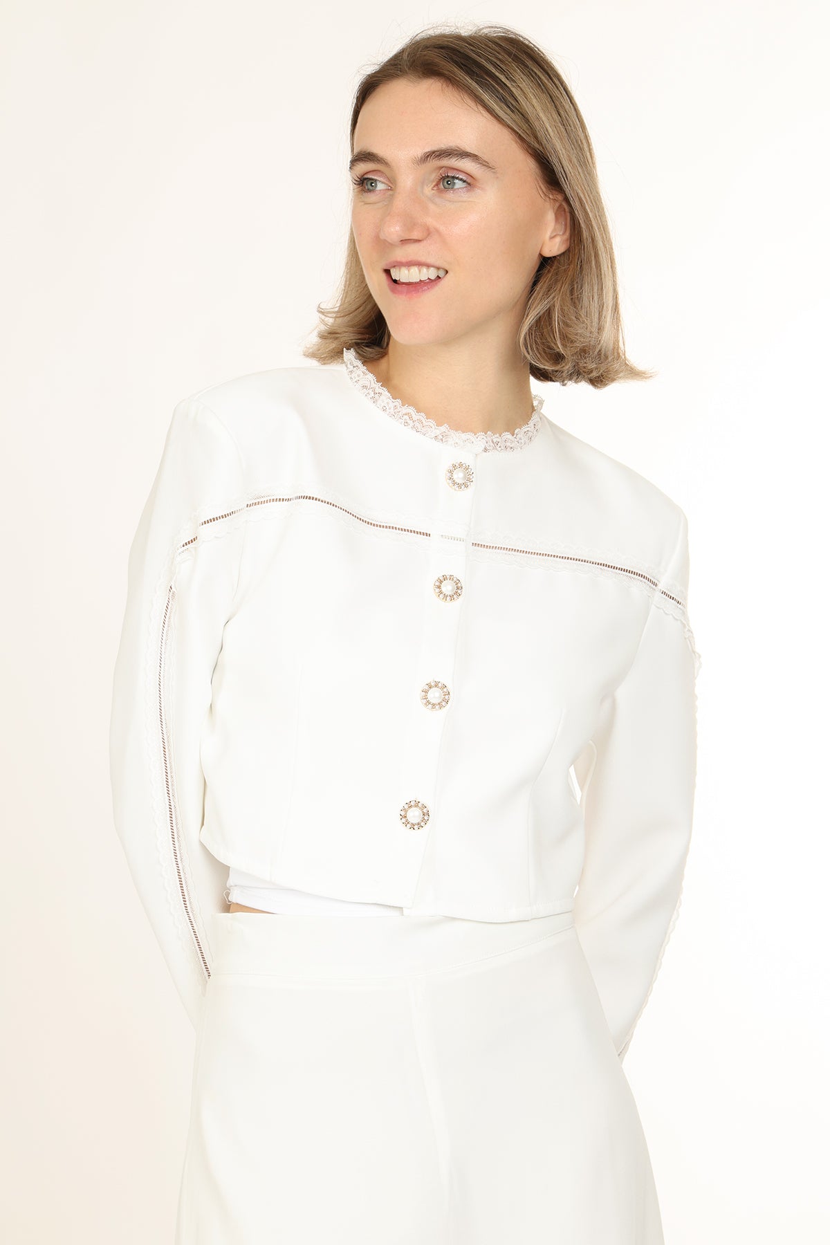 Sarah Lace Trim & Hollow Out Detail Embellished Crop Jacket