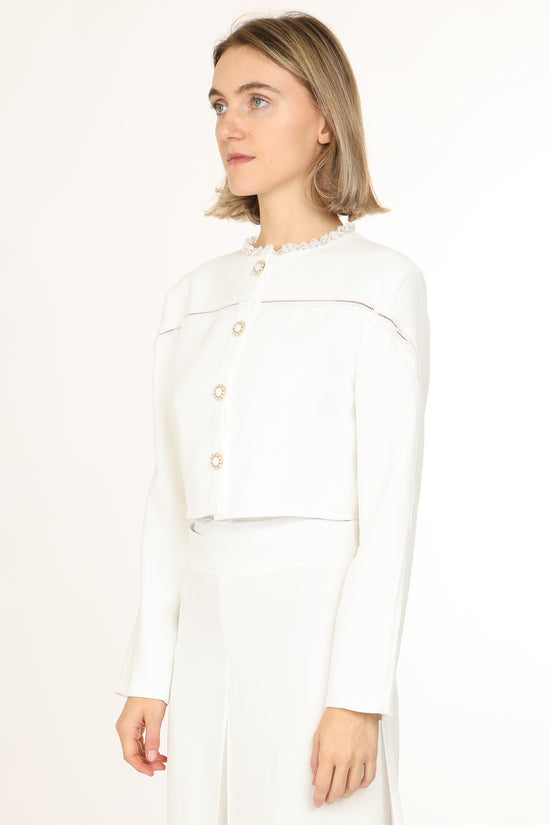 Sarah Lace Trim & Hollow Out Detail Embellished Crop Jacket