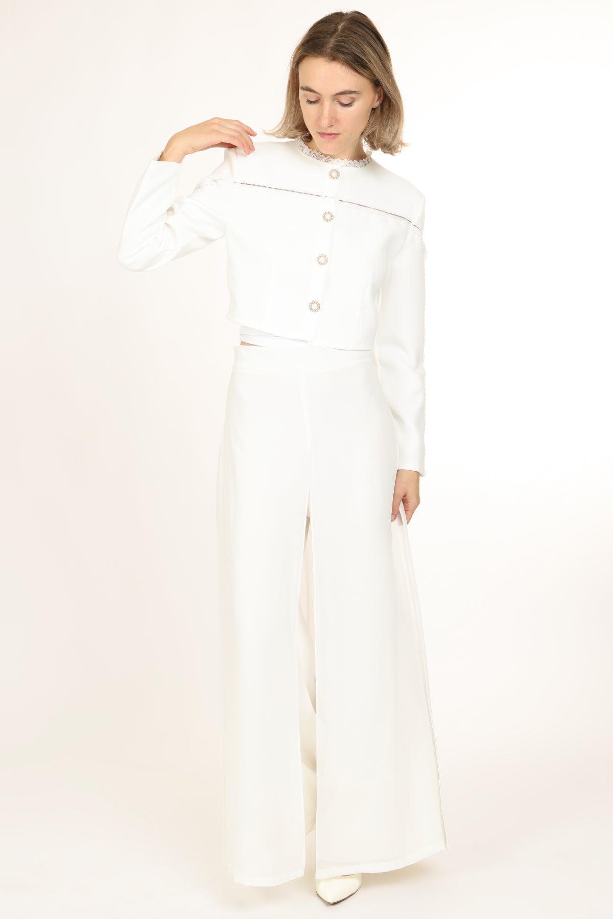 Sarah Lace Trim & Hollow Out Detail Embellished Crop Jacket