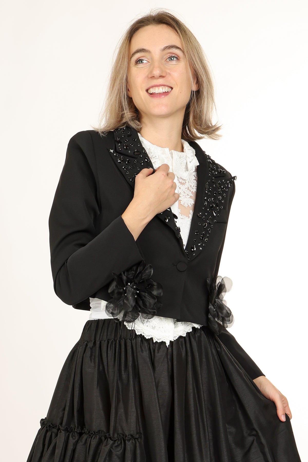 Micah Embellished Floral Tulle Applique Cropped Blazer
