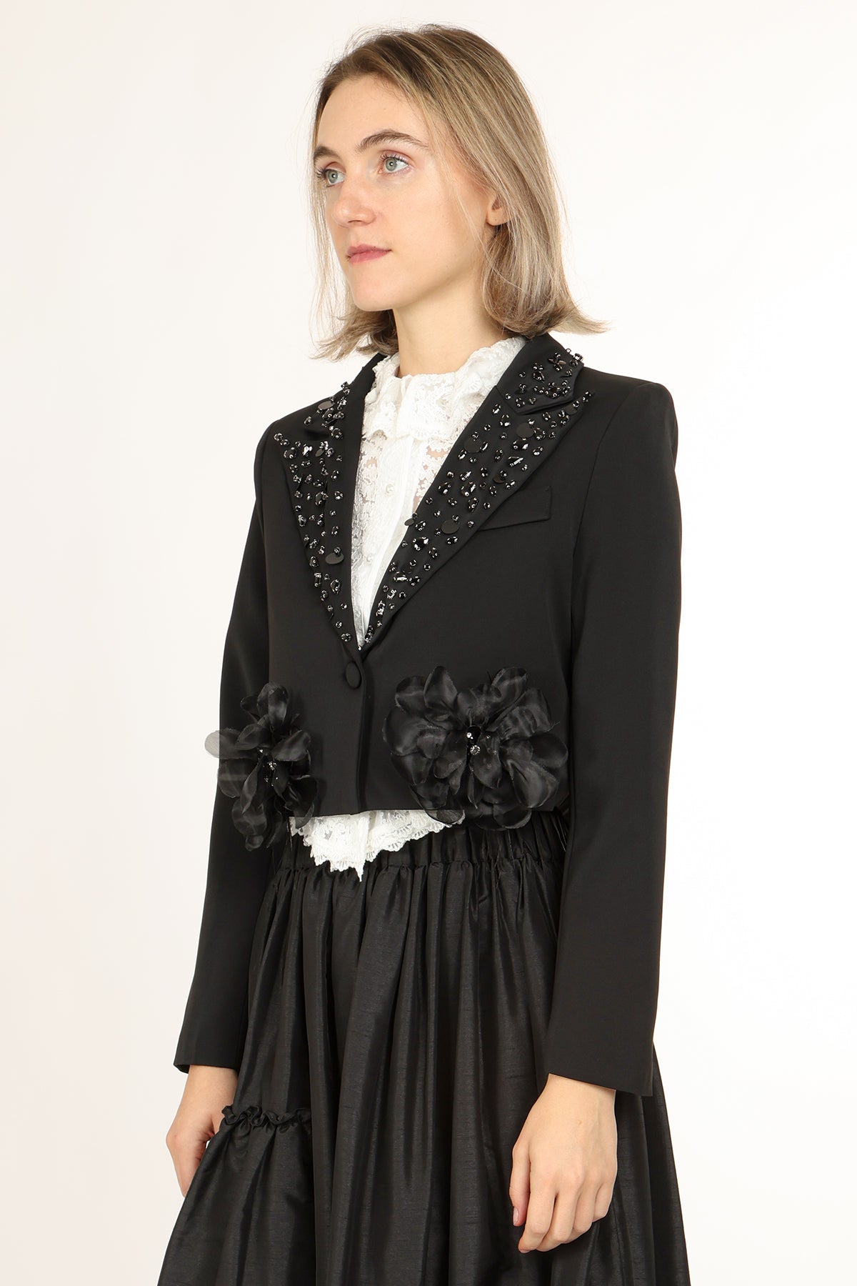 Micah Embellished Floral Tulle Applique Cropped Blazer