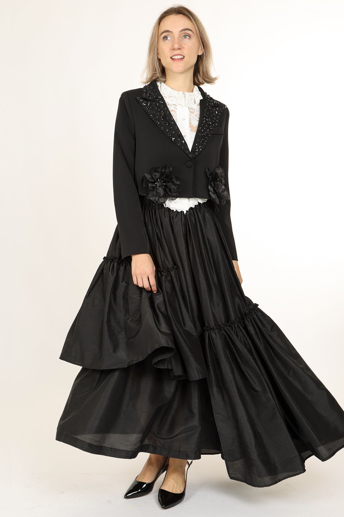 Micah Embellished Floral Tulle Applique Cropped Blazer