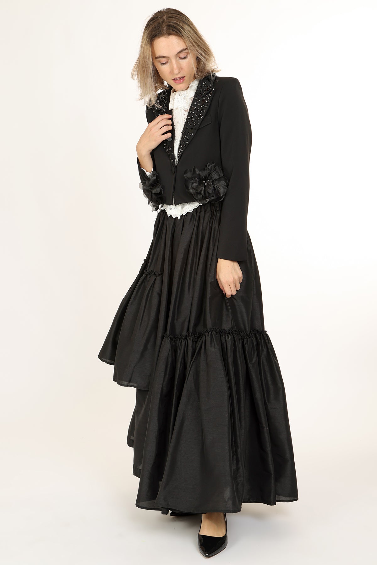 Micah Embellished Floral Tulle Applique Cropped Blazer