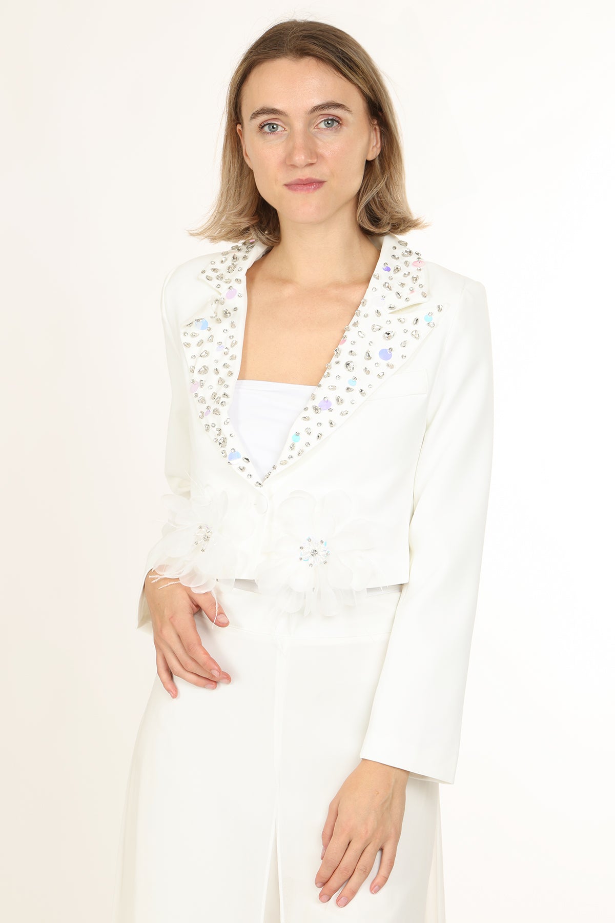 Micah Embellished Floral Tulle Applique Cropped Blazer