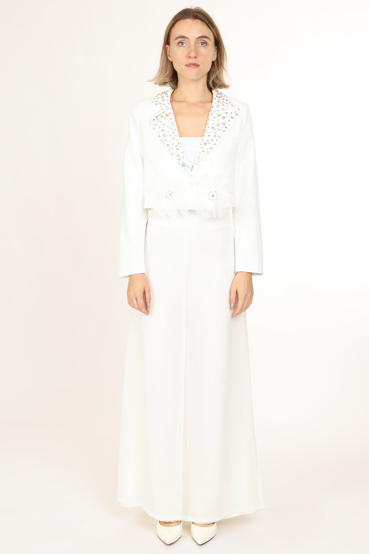 Micah Embellished Floral Tulle Applique Cropped Blazer