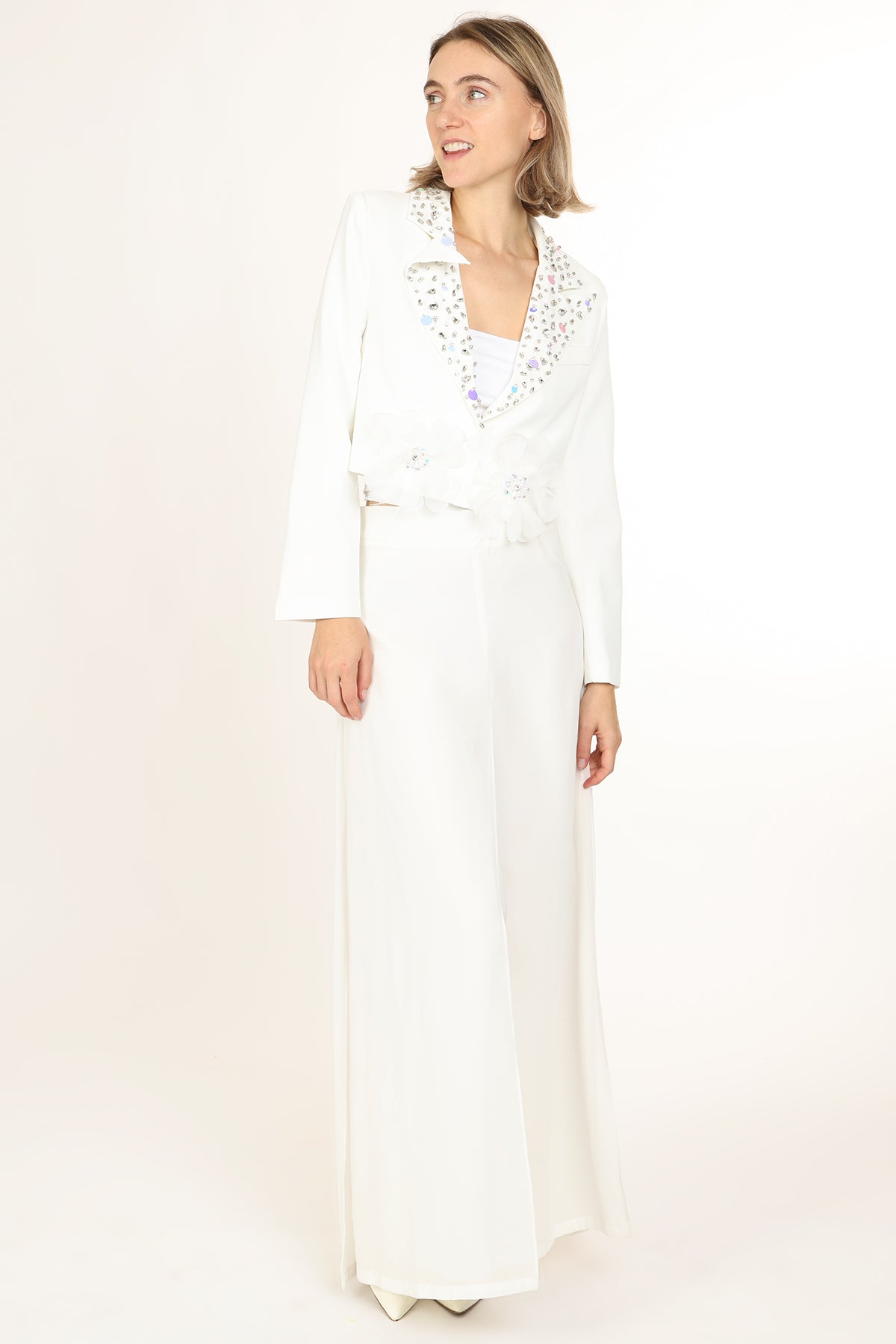 Micah Embellished Floral Tulle Applique Cropped Blazer
