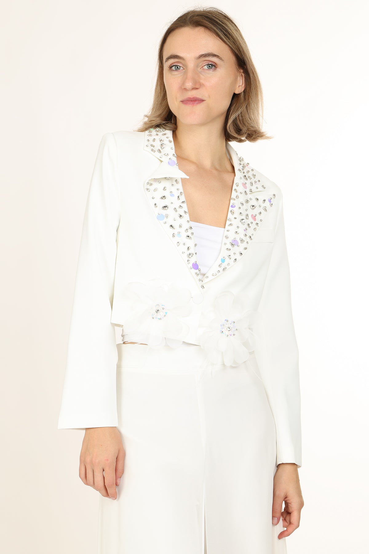 Micah Embellished Floral Tulle Applique Cropped Blazer