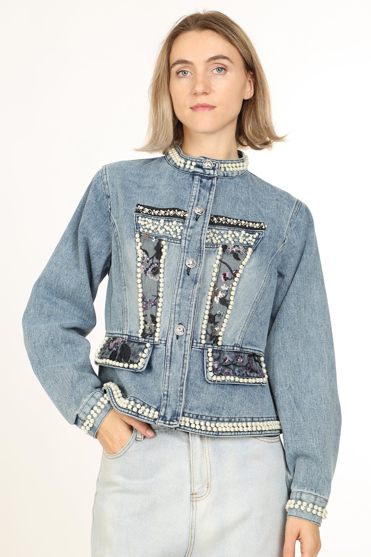 Dominique Multi-Embellished Mid Wash Denim Jacket