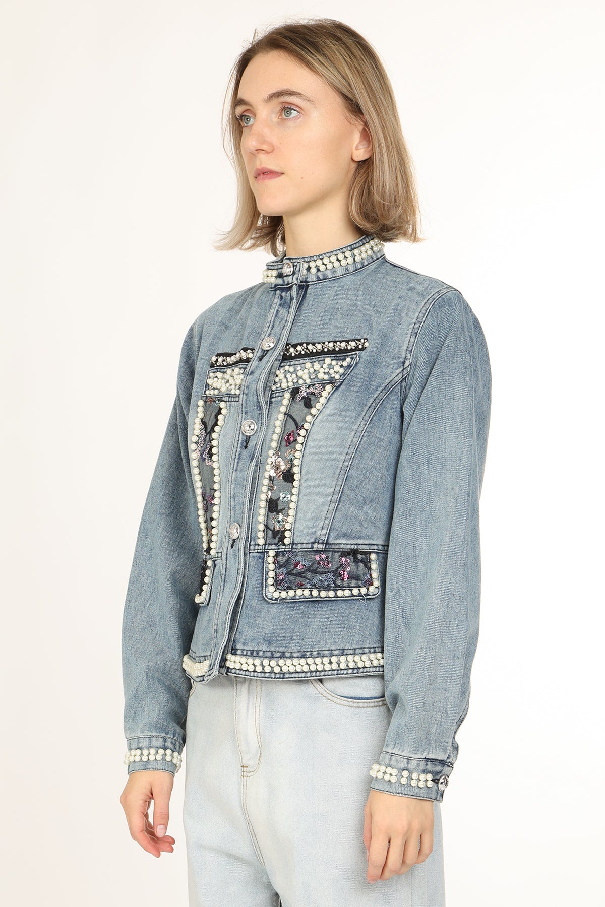Dominique Multi-Embellished Mid Wash Denim Jacket