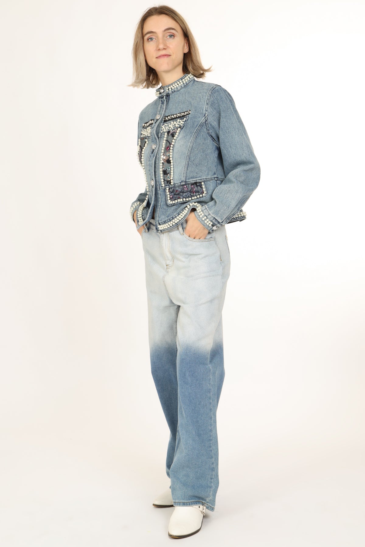 Dominique Multi-Embellished Mid Wash Denim Jacket