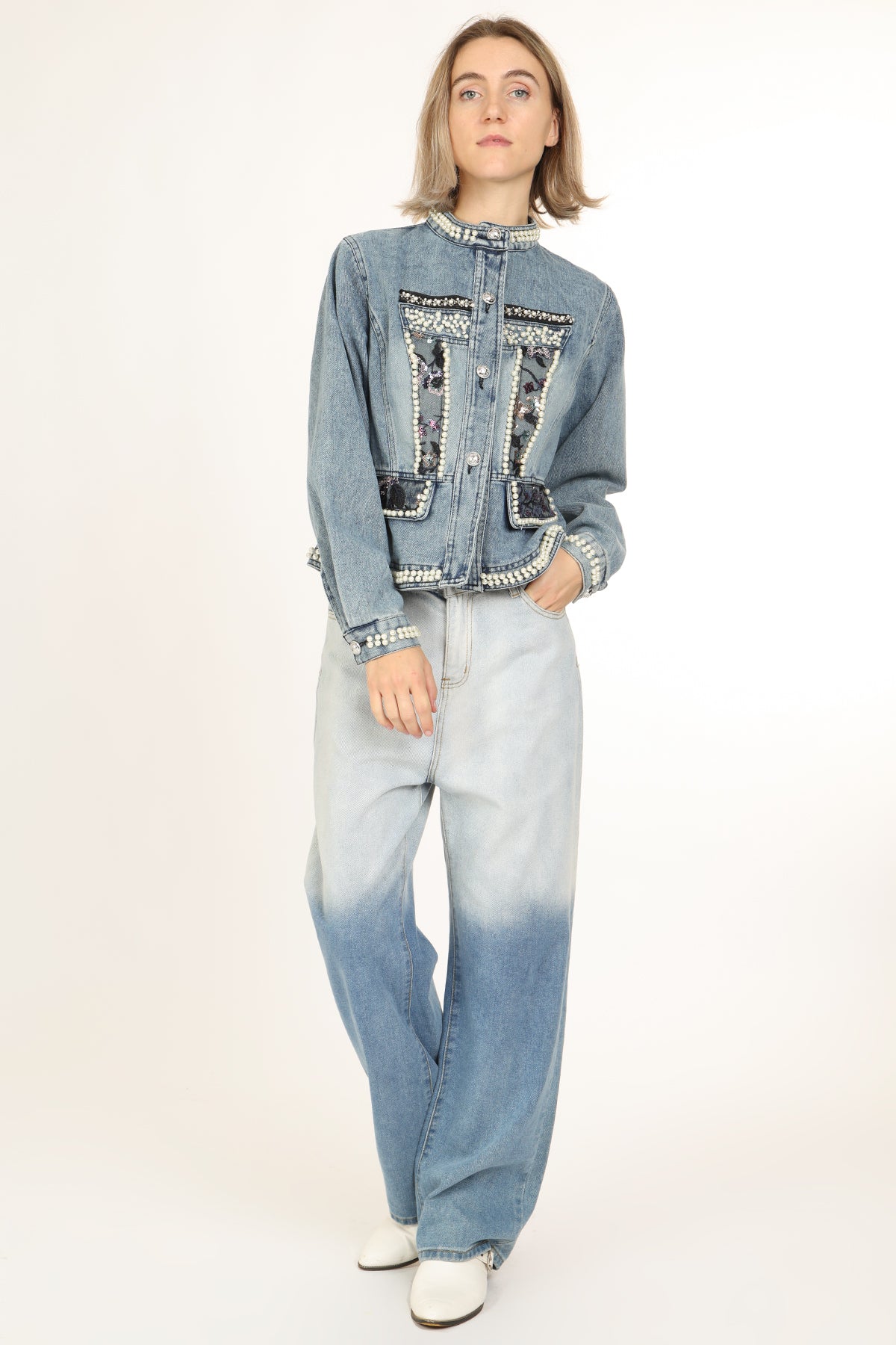 Dominique Multi-Embellished Mid Wash Denim Jacket