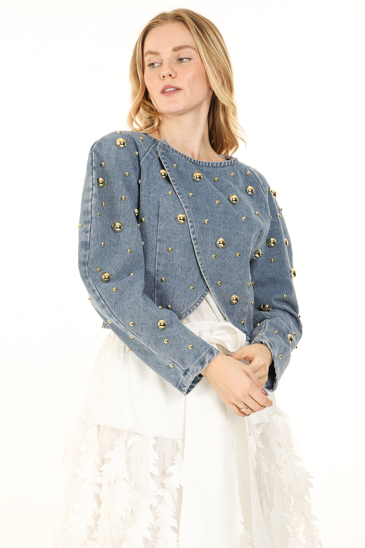 Jaiden Metallic Studded Denim Wrap Cropped Bomber Jacket - Shop Beulah Style