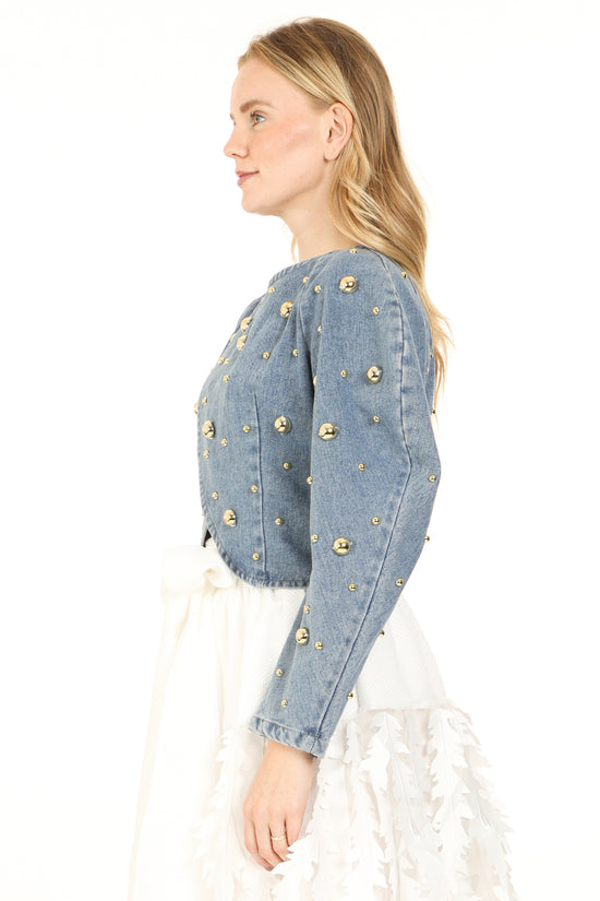 Jaiden Metallic Studded Denim Wrap Cropped Bomber Jacket - Shop Beulah Style