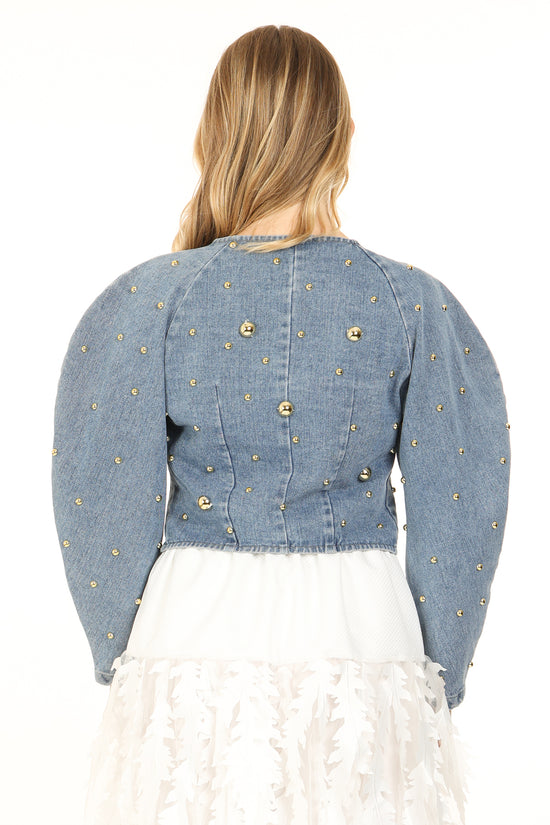 Jaiden Metallic Studded Denim Wrap Cropped Bomber Jacket - Shop Beulah Style