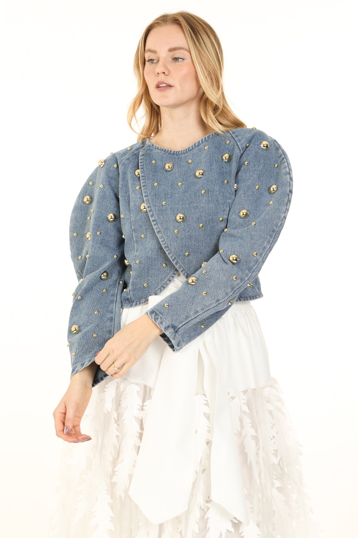 Jaiden Metallic Studded Denim Wrap Cropped Bomber Jacket - Shop Beulah Style