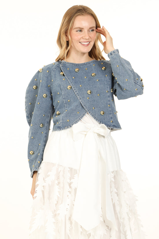 Jaiden Metallic Studded Denim Wrap Cropped Bomber Jacket - Shop Beulah Style