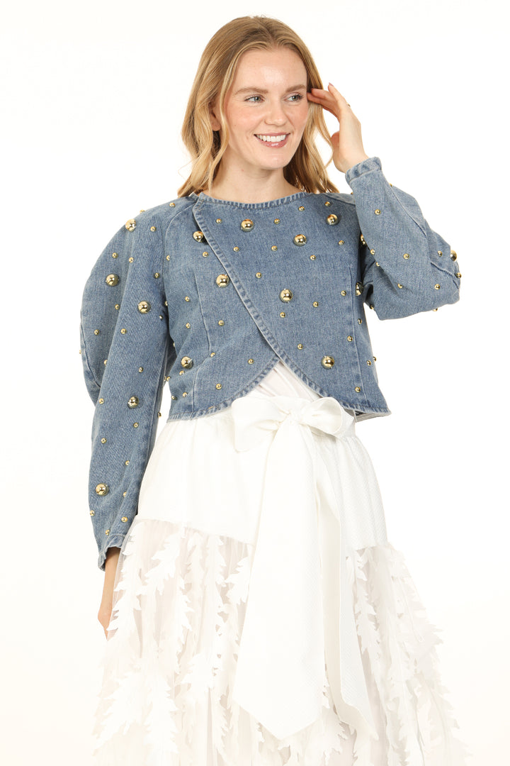 Jaiden Metallic Studded Denim Wrap Cropped Bomber Jacket - Shop Beulah Style