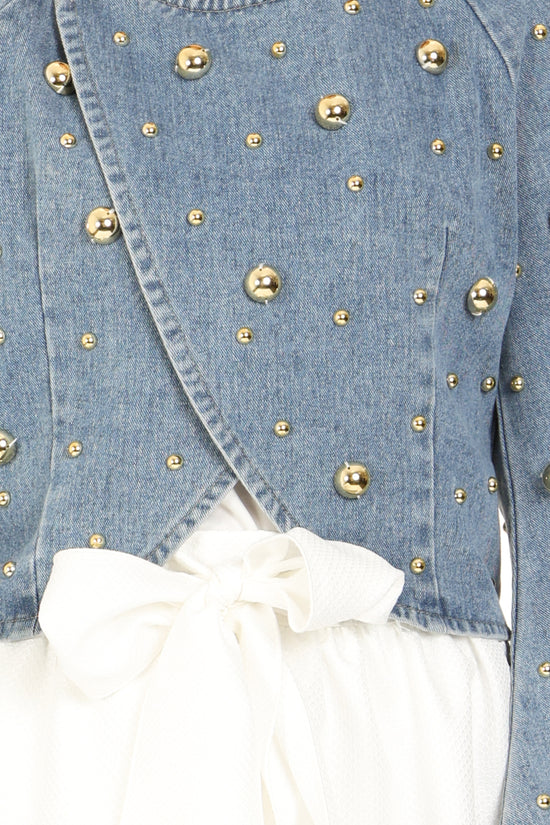Jaiden Metallic Studded Denim Wrap Cropped Bomber Jacket - Shop Beulah Style