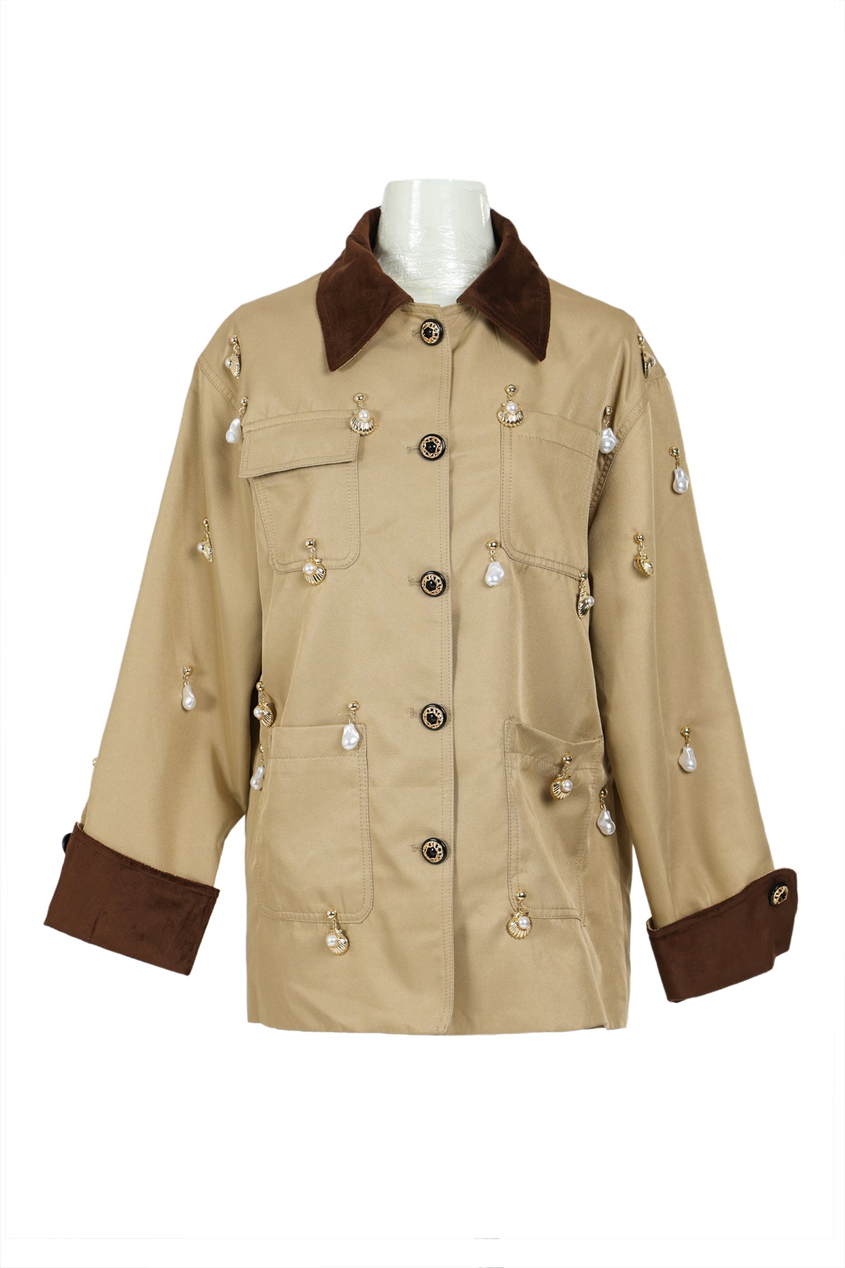 Charlotte Hanging Embellishment Faux Leather Trim Utility Jacket - Shop Beulah Style