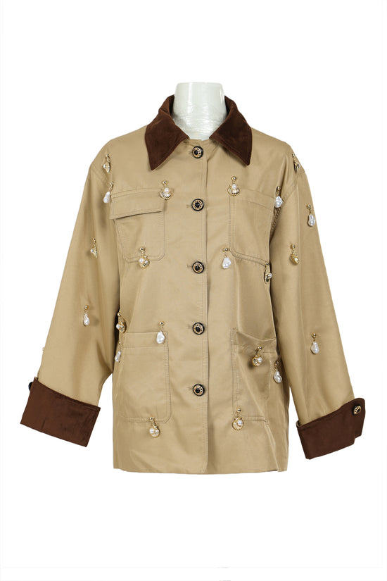 Charlotte Hanging Embellishment Faux Leather Trim Utility Jacket - Shop Beulah Style