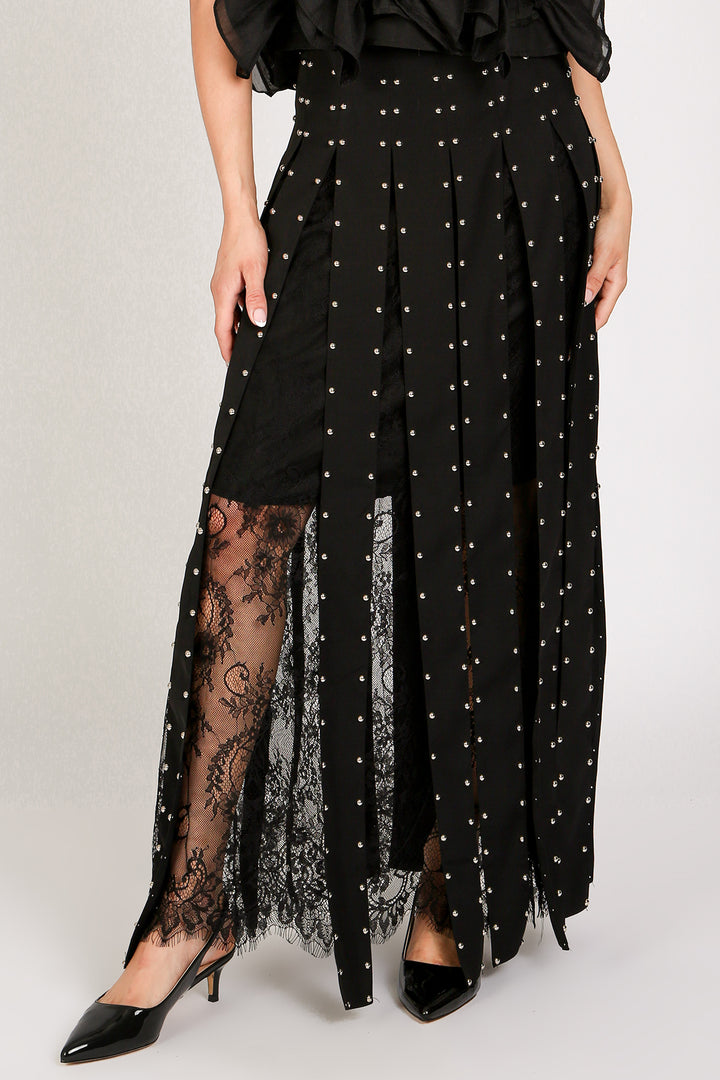 Monica Floral Embroidered Mesh Studded Tassel Maxi Skirt