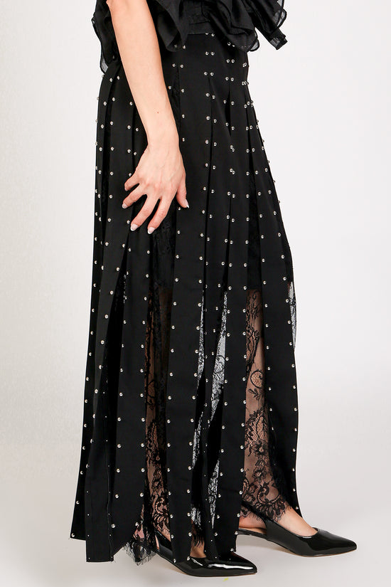 Monica Floral Embroidered Mesh Studded Tassel Maxi Skirt