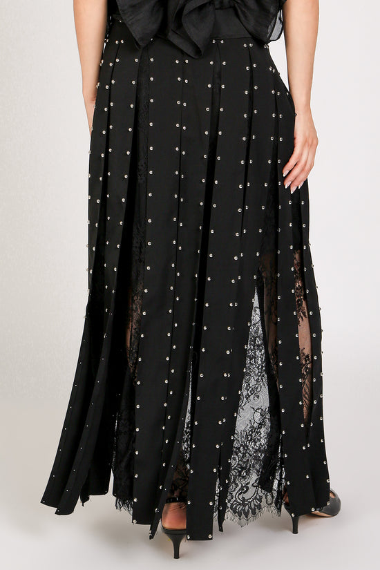 Monica Floral Embroidered Mesh Studded Tassel Maxi Skirt
