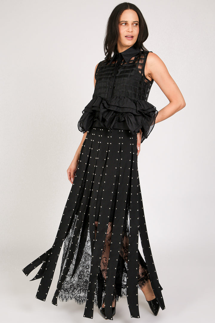 Monica Floral Embroidered Mesh Studded Tassel Maxi Skirt