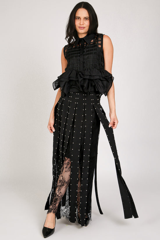 Monica Floral Embroidered Mesh Studded Tassel Maxi Skirt