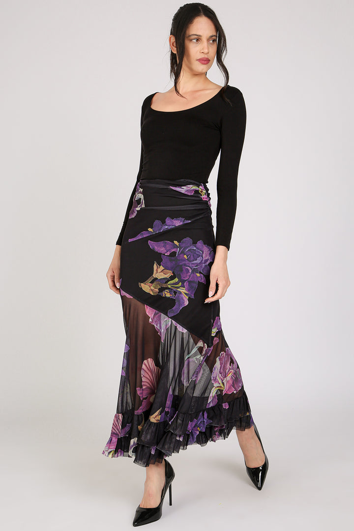 Mason Floral Print High-Waist Ruffled Sheer Maxi Skirt