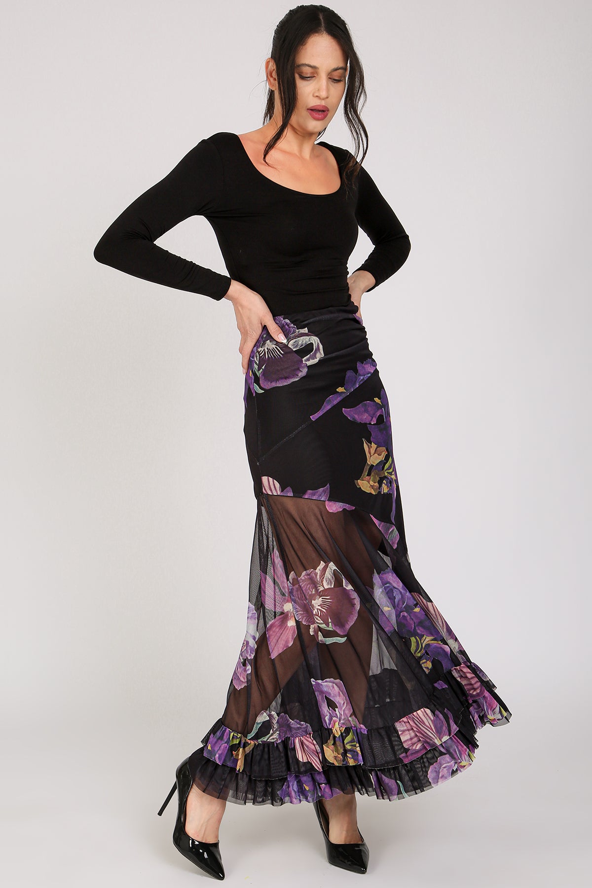 Mason Floral Print High-Waist Ruffled Sheer Maxi Skirt