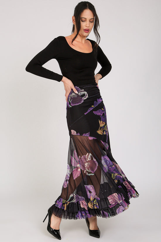 Mason Floral Print High-Waist Ruffled Sheer Maxi Skirt