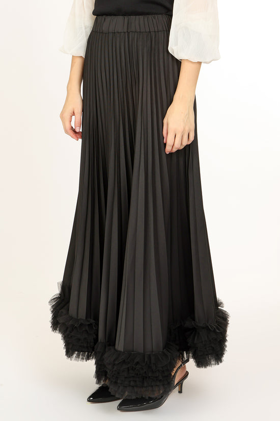 Katie High-Waist Pleated with Tulle Trim Maxi Skirt - Shop Beulah Style