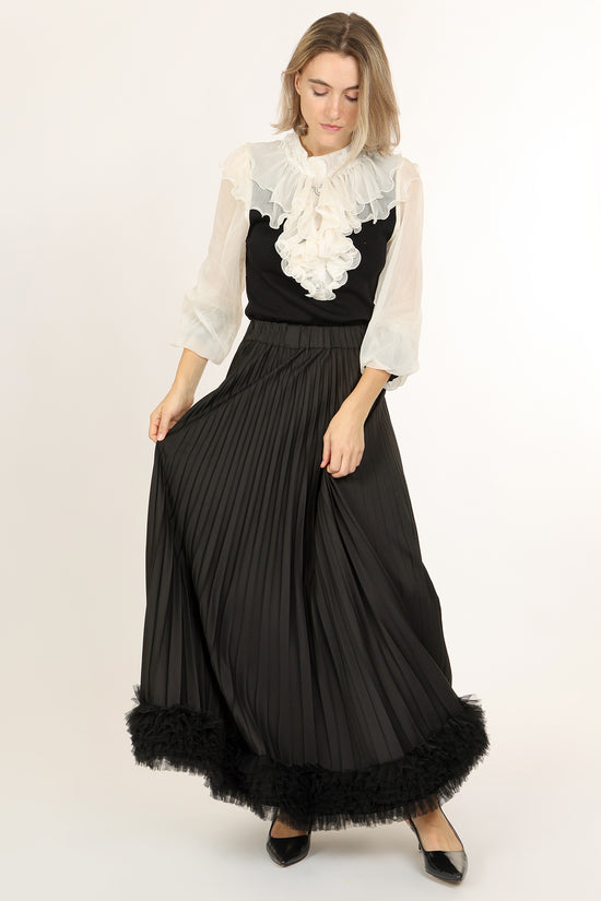 Katie High-Waist Pleated with Tulle Trim Maxi Skirt - Shop Beulah Style