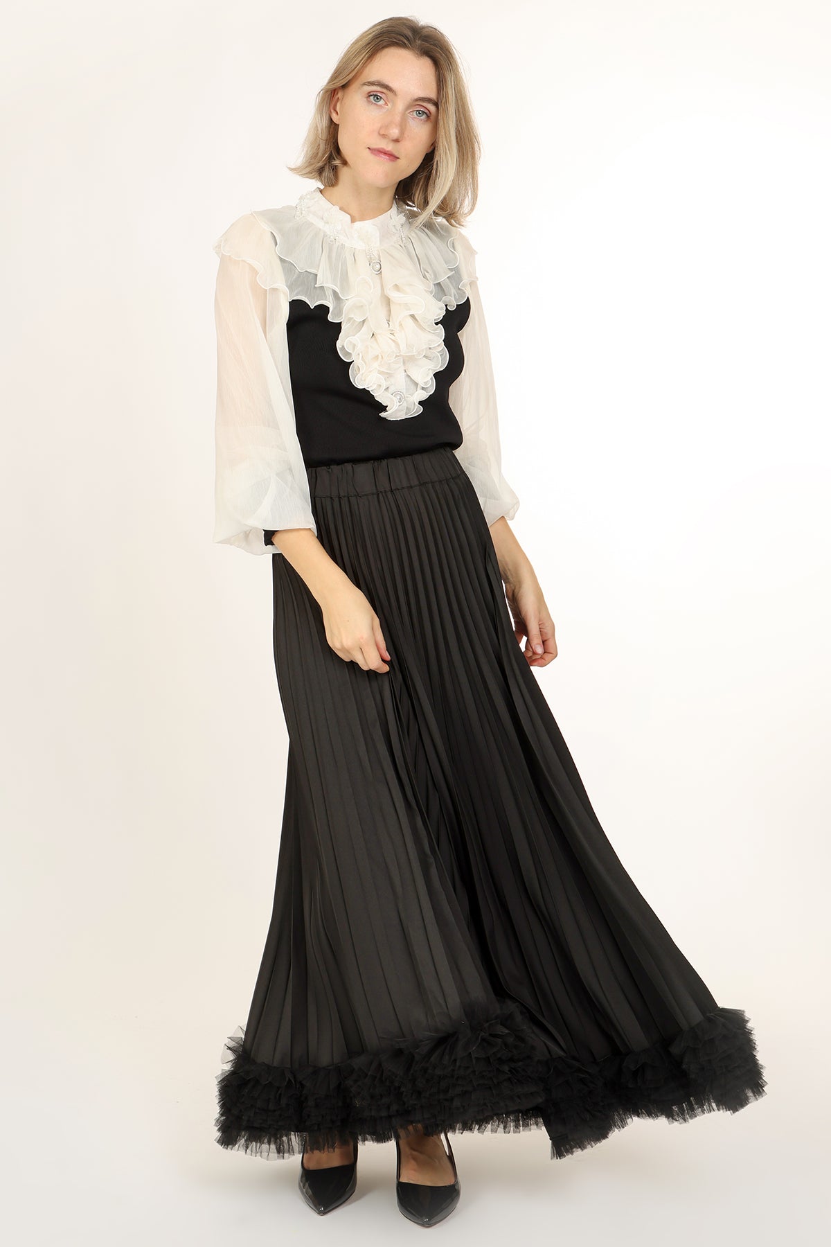 Katie High-Waist Pleated with Tulle Trim Maxi Skirt - Shop Beulah Style