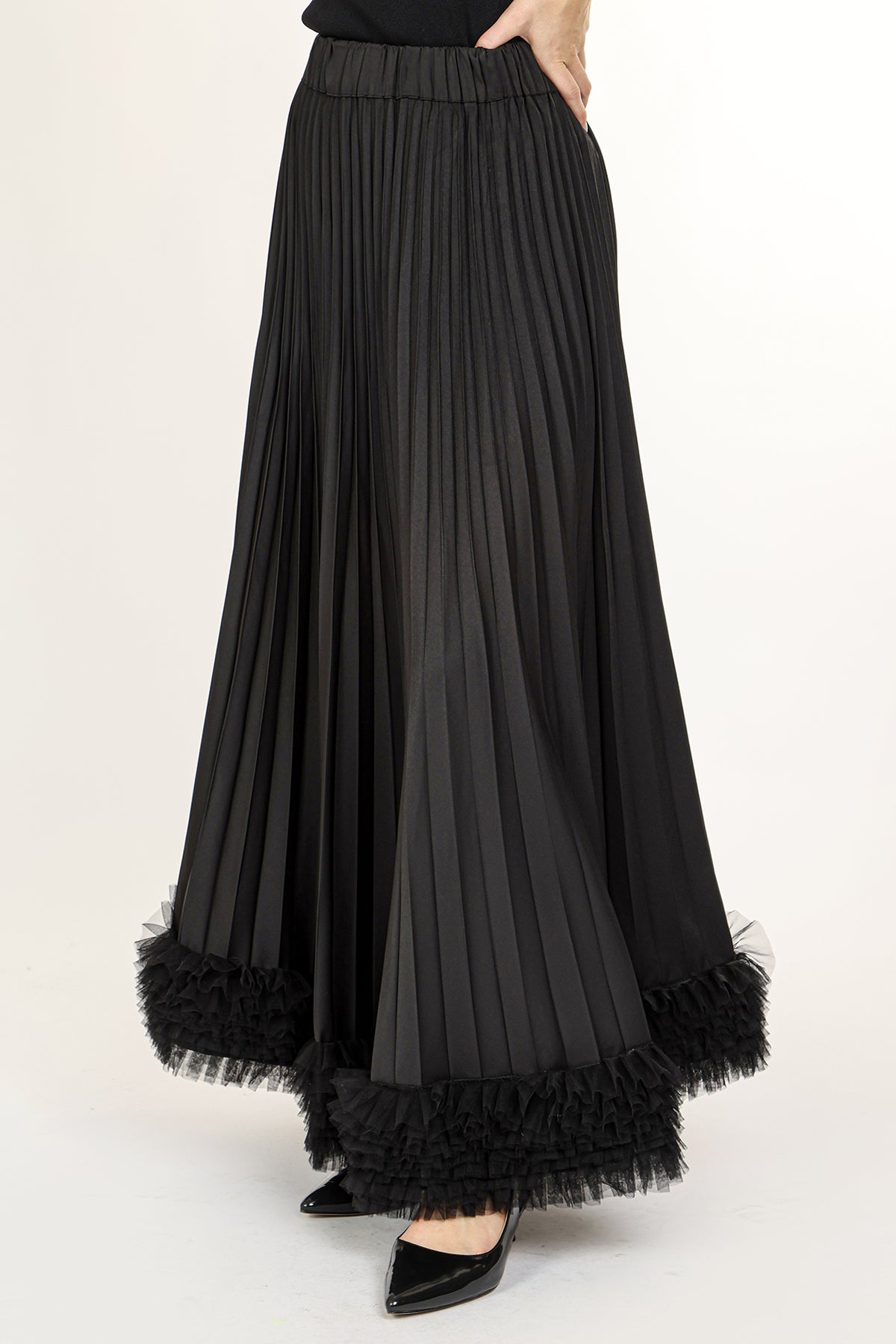 Katie High-Waist Pleated with Tulle Trim Maxi Skirt - Shop Beulah Style