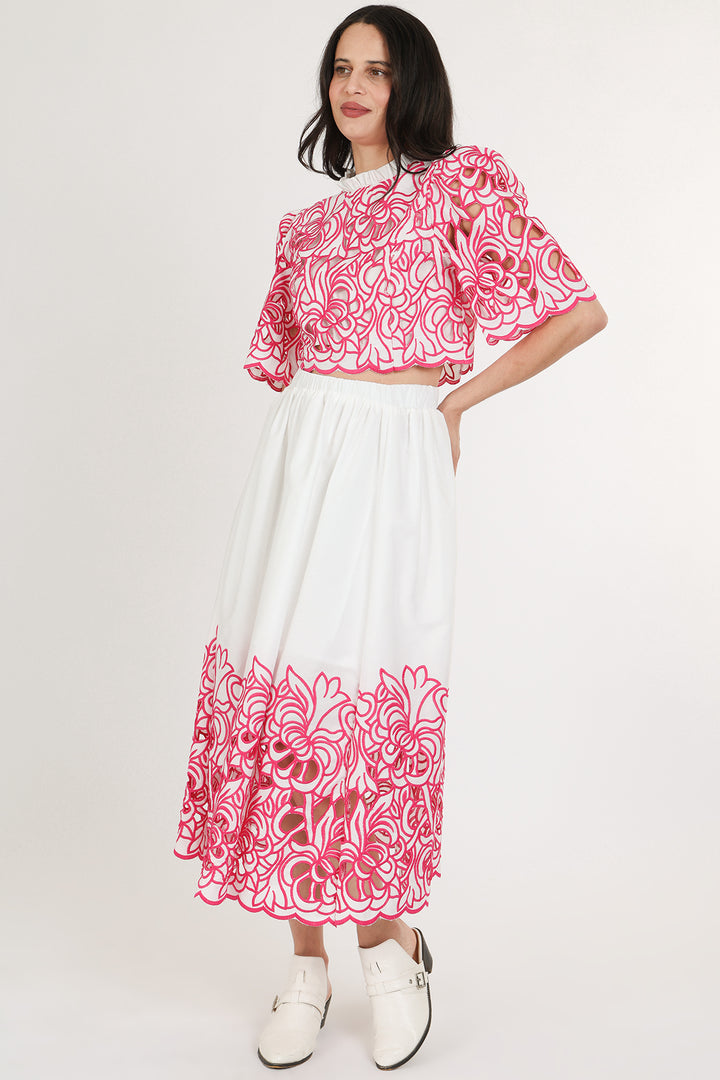Evelyn Contrast Floral Eyelet Crop Top & Maxi Skirt Set - Shop Beulah Style