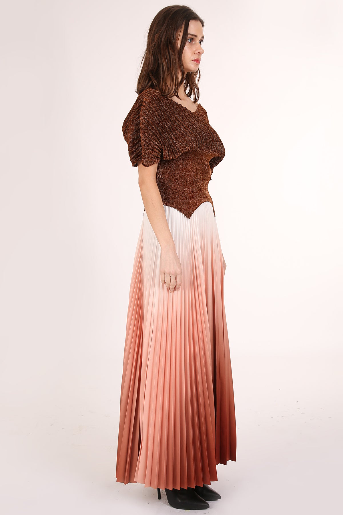 Reuben Metallic Glitter Pleats Top & Solid Maxi Skirt Set - Shop Beulah Style