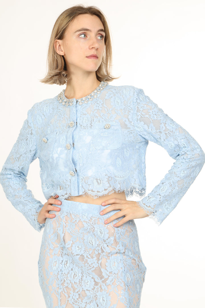 Quinton Embellished & Floral Embroidered Mesh Top & Skirt Set