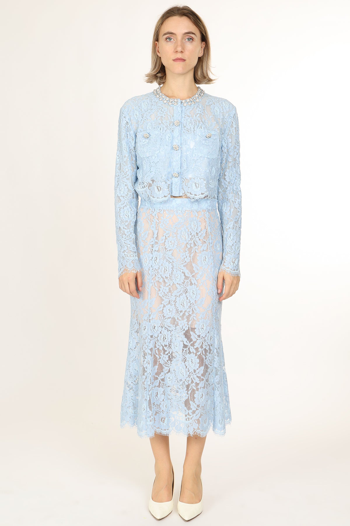 Quinton Embellished & Floral Embroidered Mesh Top & Skirt Set