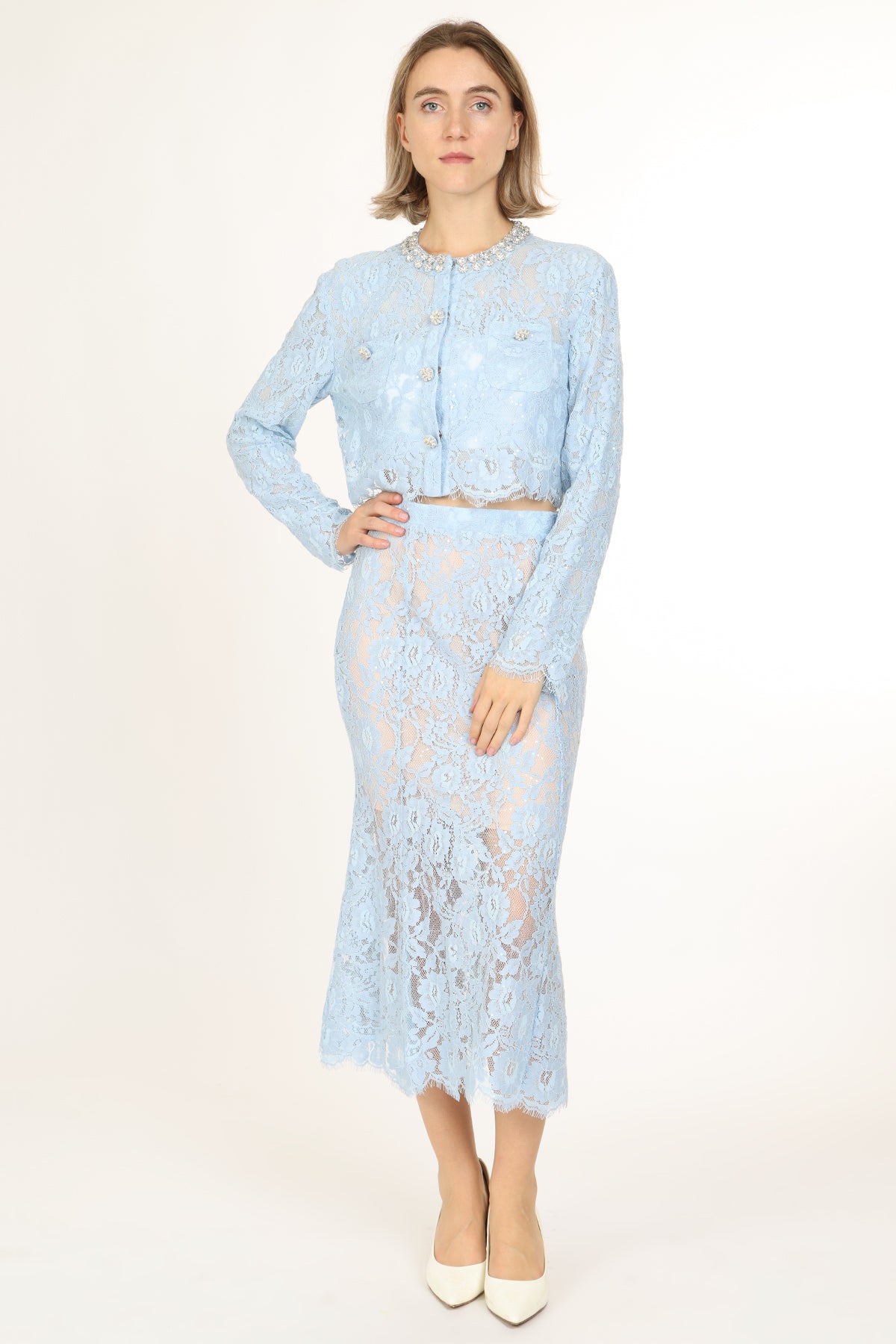 Quinton Embellished & Floral Embroidered Mesh Top & Skirt Set