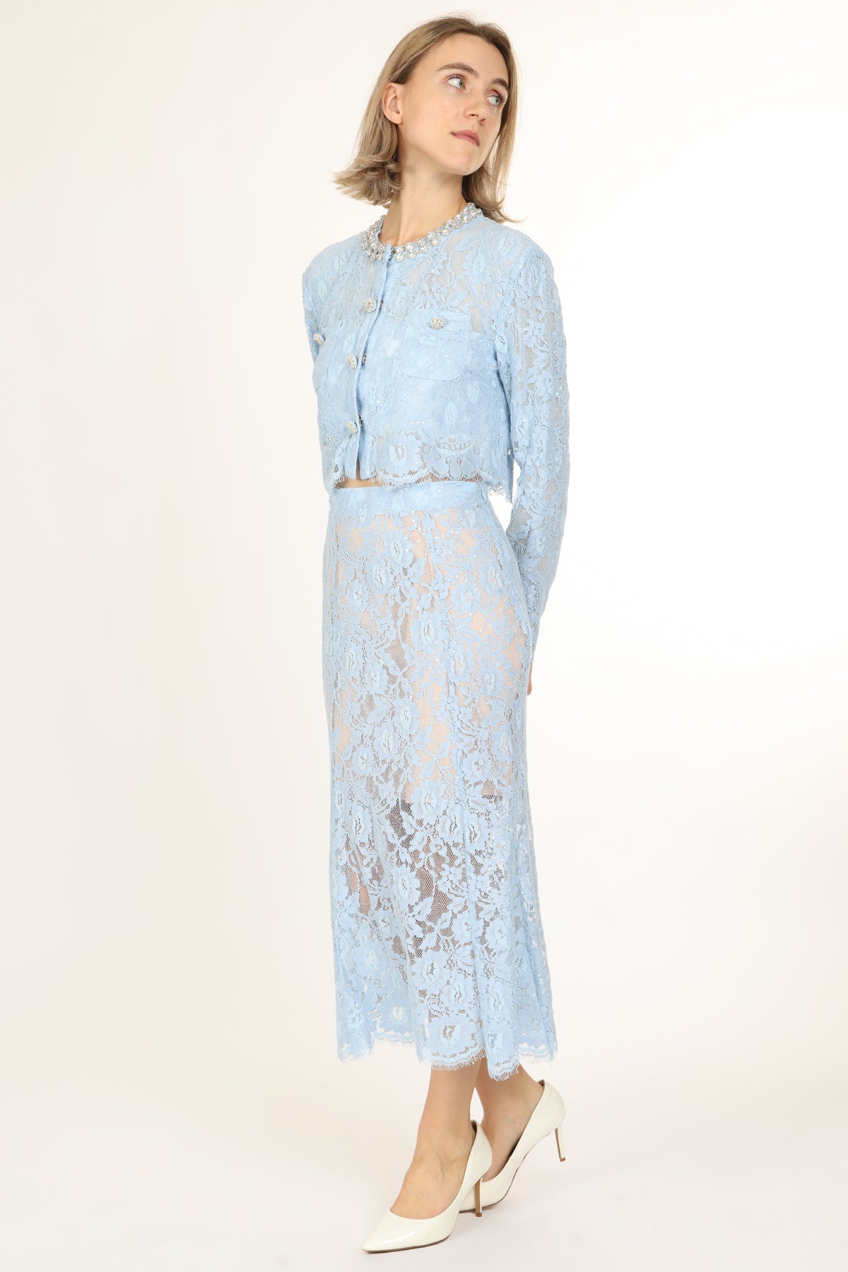 Quinton Embellished & Floral Embroidered Mesh Top & Skirt Set