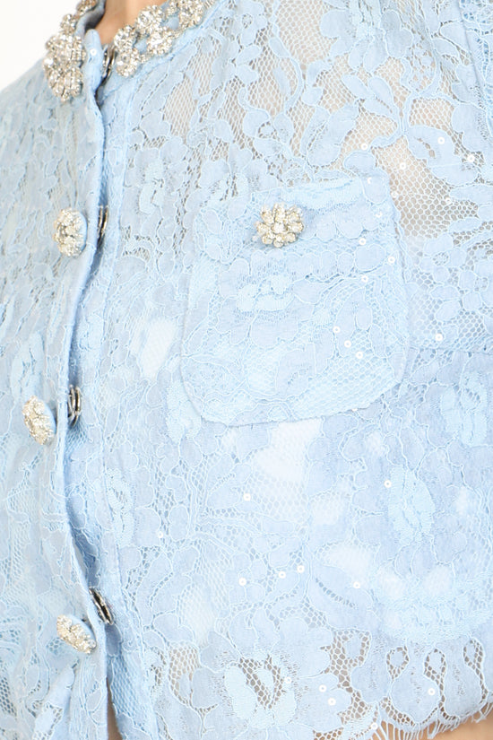 Quinton Embellished & Floral Embroidered Mesh Top & Skirt Set