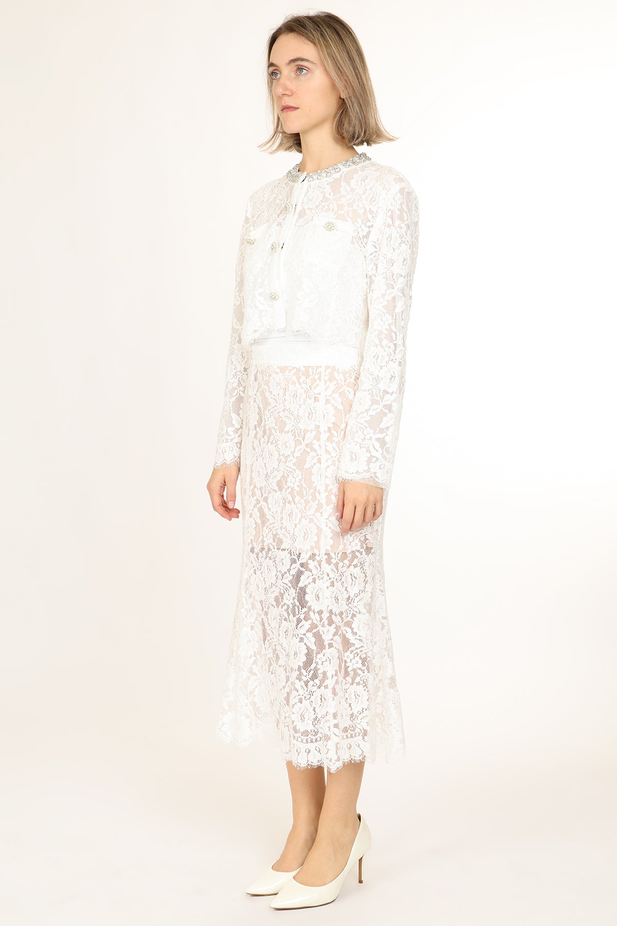 Quinton Embellished & Floral Embroidered Mesh Top & Skirt Set