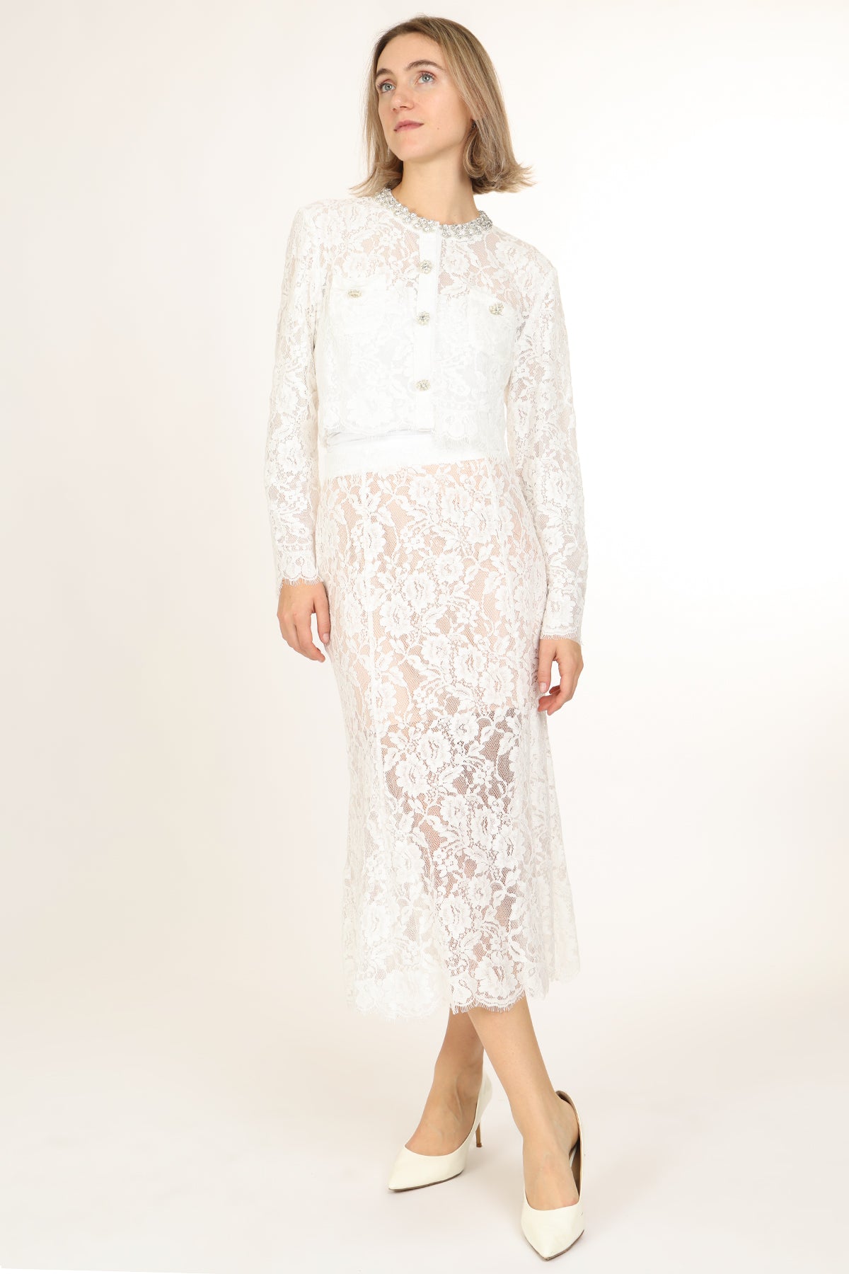 Quinton Embellished & Floral Embroidered Mesh Top & Skirt Set